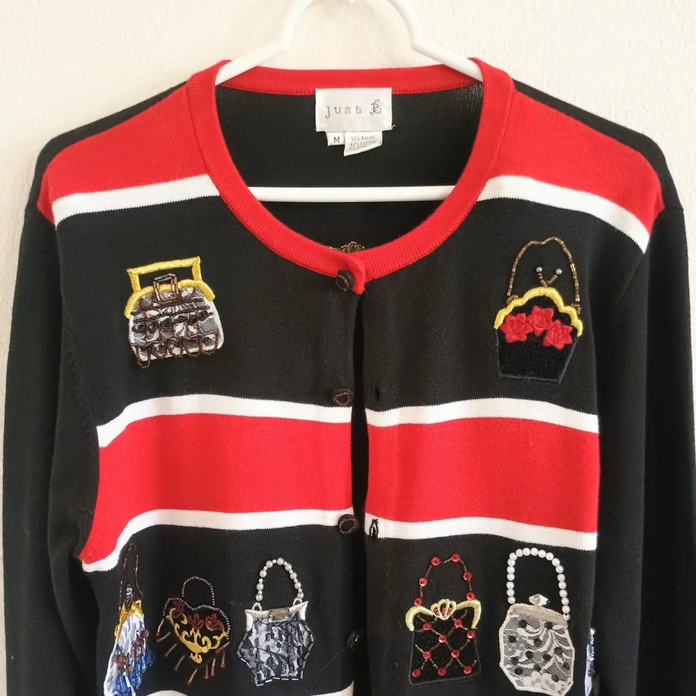 Just B Sequin Beaded Red Black Cardigan Applique Purses Hanging Embellished Sz M